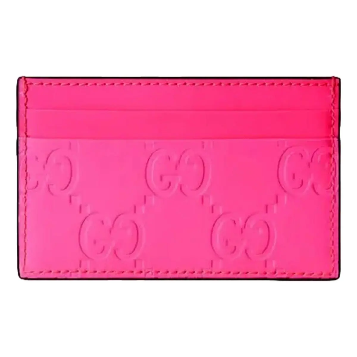 Gucci GG Neon Pink Leather Card Holder Wallet Rubber Effect Italy