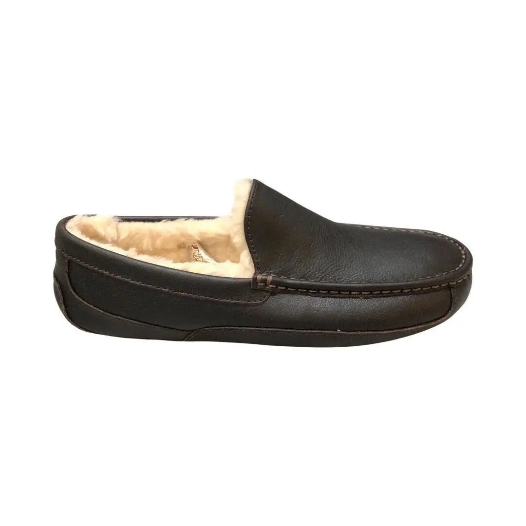 Ugg Men`s Ascot Slippers Dark Spice Brown Leather House Shoes 5379 Size 8 - Dark Spice