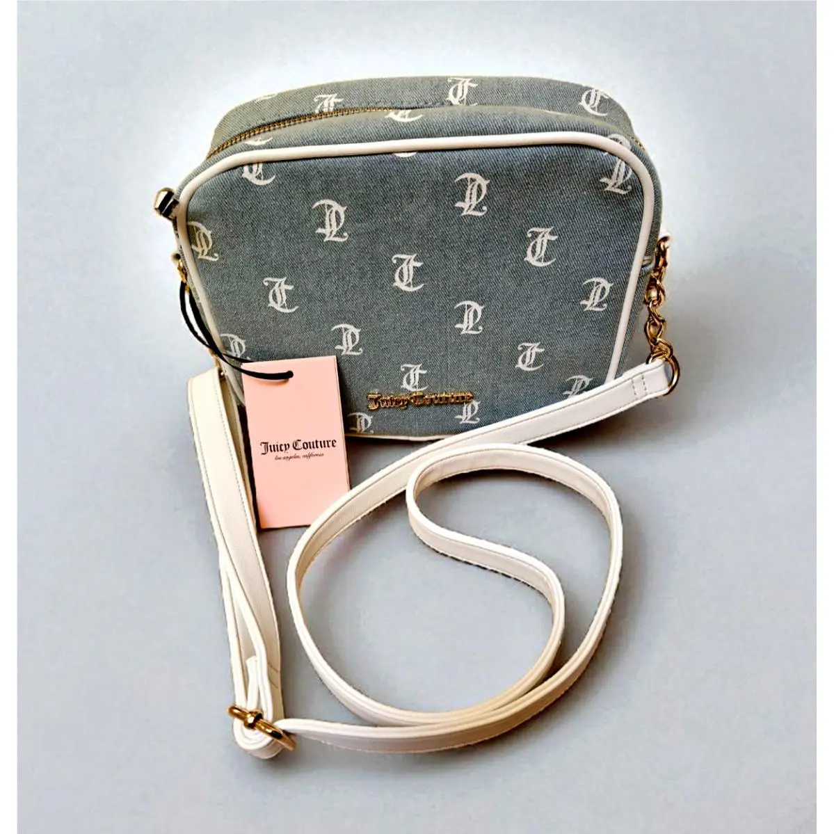 Juicy Couture Gothic Denim White Leather Crossbody Camera Handbag