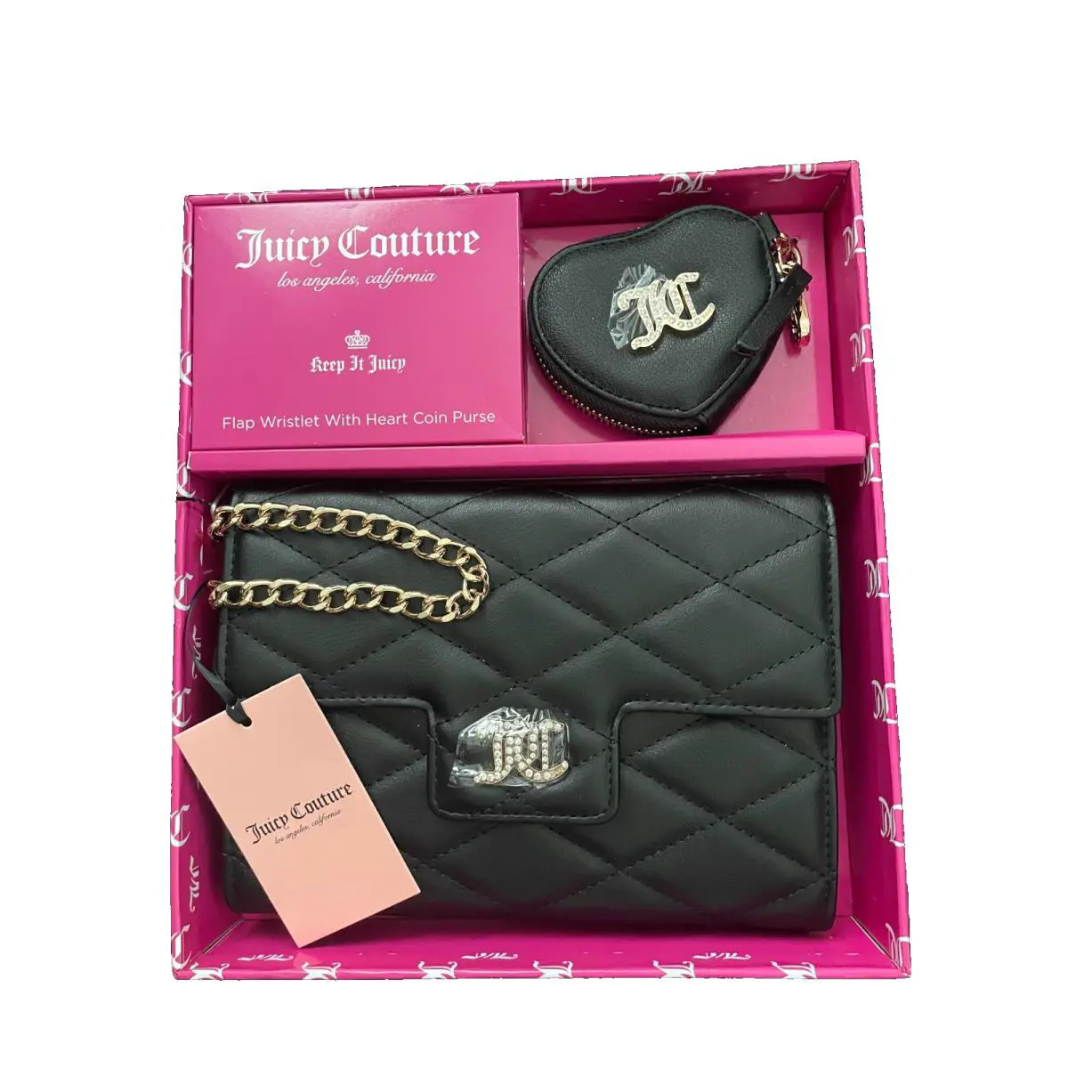 Juicy Couture Flap Wristlet Black Quilted with Heart Coin Purse Logo Gift Set