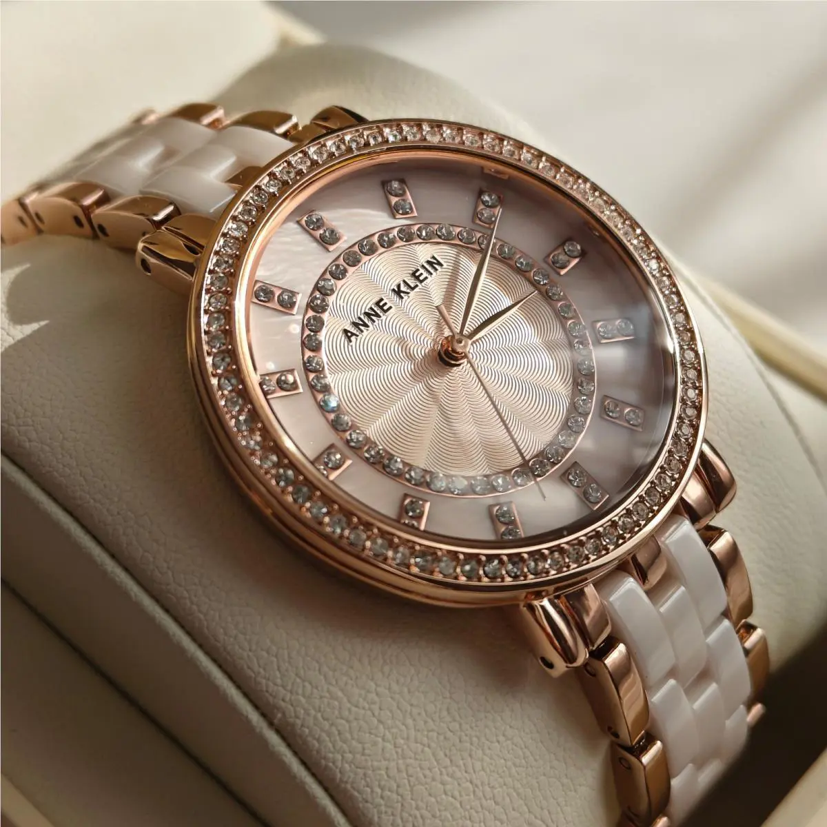 Anne Klein Rose Gold Bracelet Watch Blush Pink Ceramic Crystal Accented