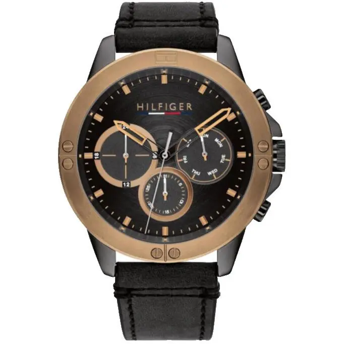 1791893 Harley Rose Gold Accents Black Dial Leather Mens Watch by Tommy Hilfiger