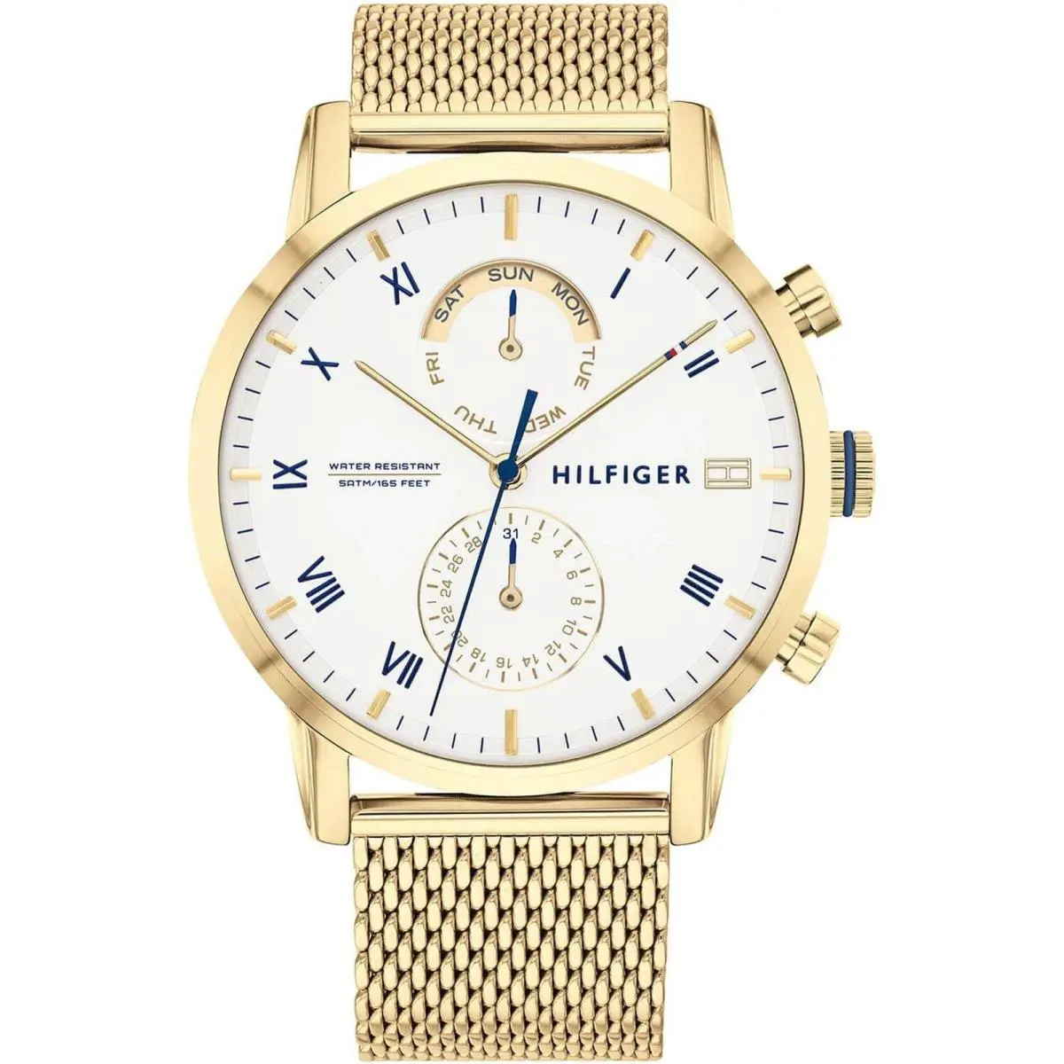 Tommy Hilfiger 1710403 Kane White Dial Gold Mesh Bracelet 44MM Mens Watch - WHITE, Dial: White, Band: Gold