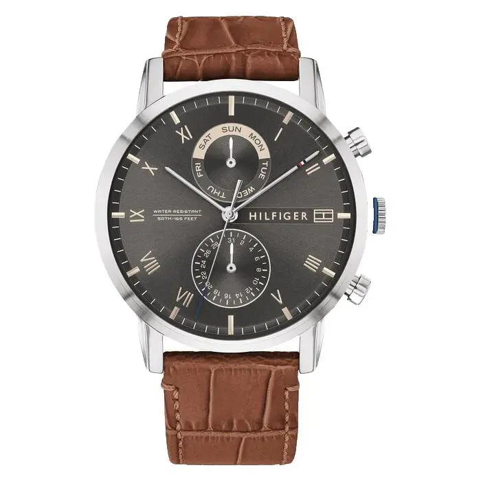 Tommy Hilfiger 1710398 Grey Dial Brown Leather Strap 44MM Silver Mens Watch