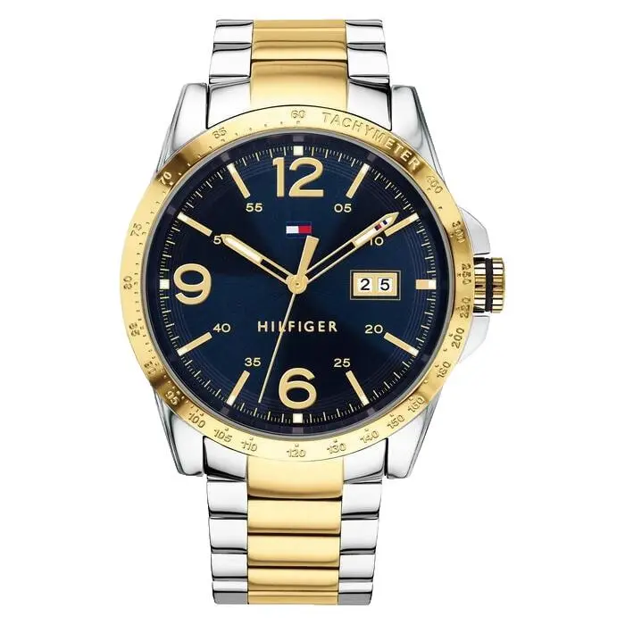 Tommy Hilfiger 1791453 Navy Blue Dial Two Tone Bracelet Quartz 46MM Mens Watch - Dial: Blue, Band: Gold, Silver, Bezel: Gold