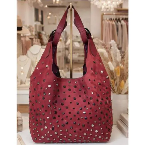 Dkny XL Hobo Bag Tote Oxblood Suede Leather Gunmetal Studded Shoulder-bag