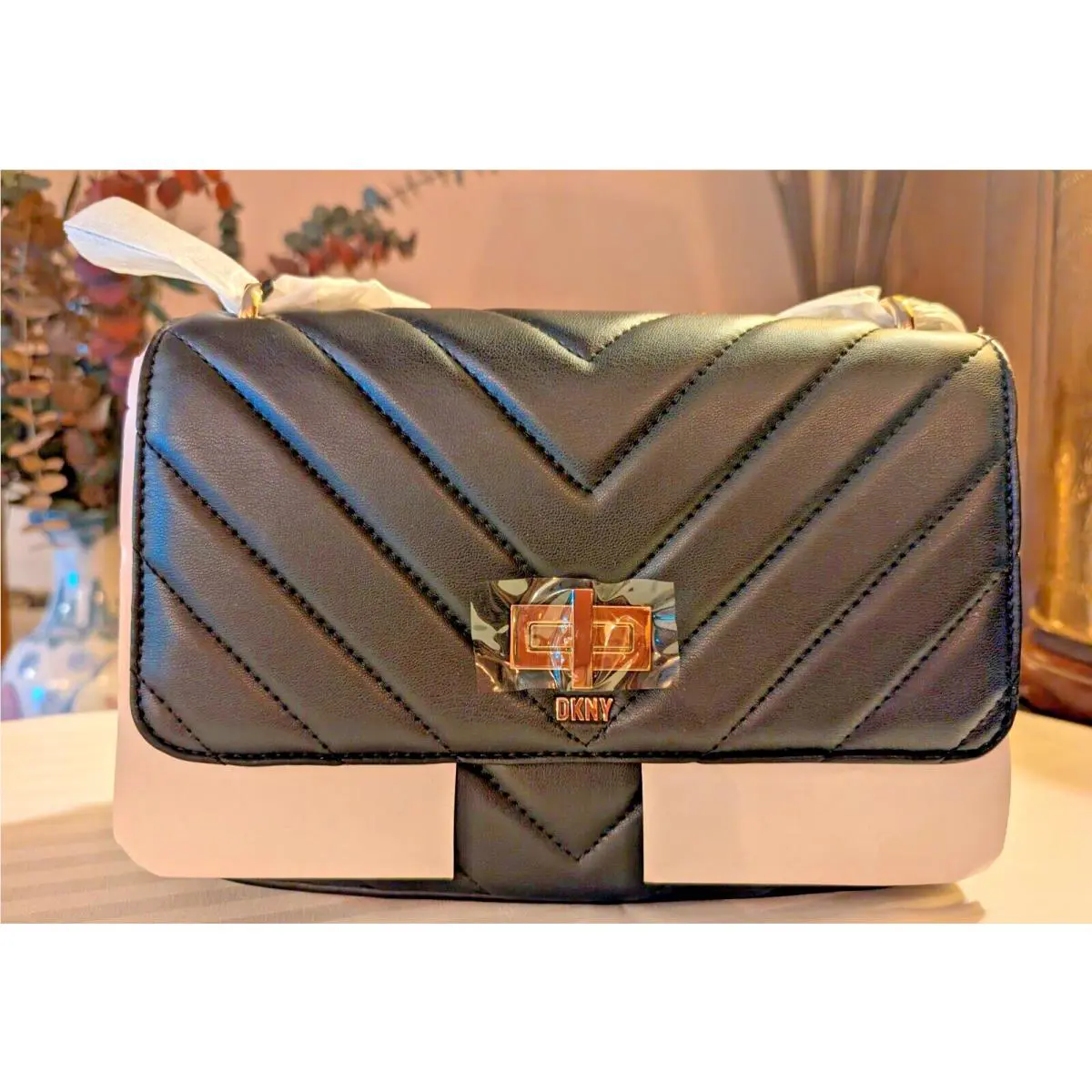 Dkny Shoulder Bag Quilted Black Crossbody Purse Gold