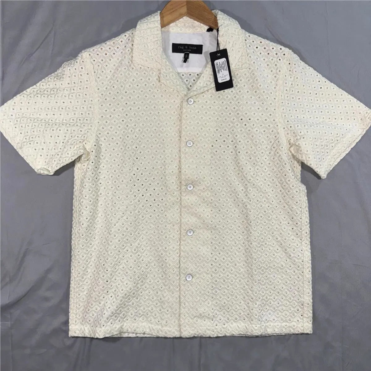 Rag Bone Shirt Mens Small White Lace Short Sleeve Button Up Embroidered Sheer