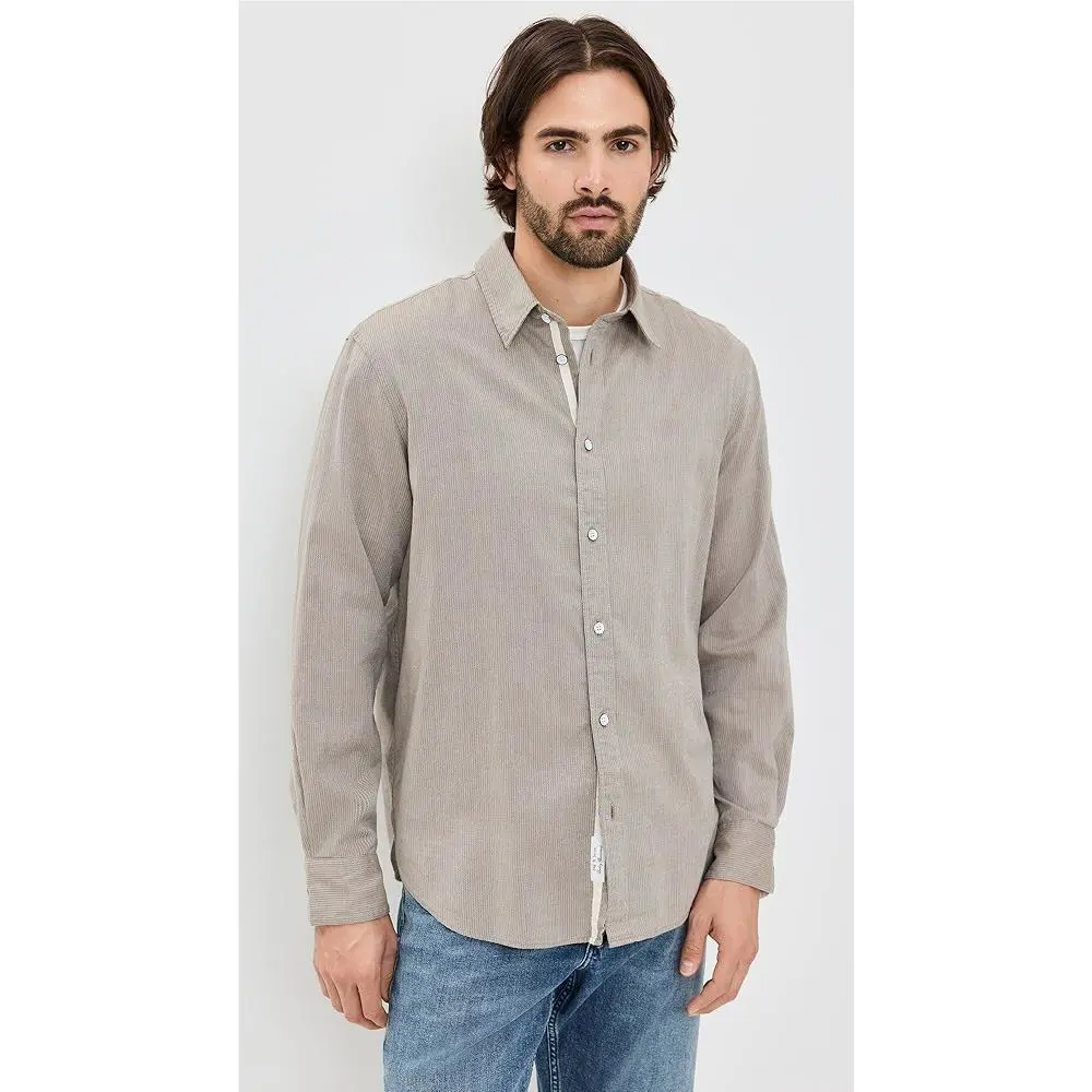 Rag Bone Men`s Finch Zig Zag Dobby LS Shirt In Khaki Stripe Size: XL