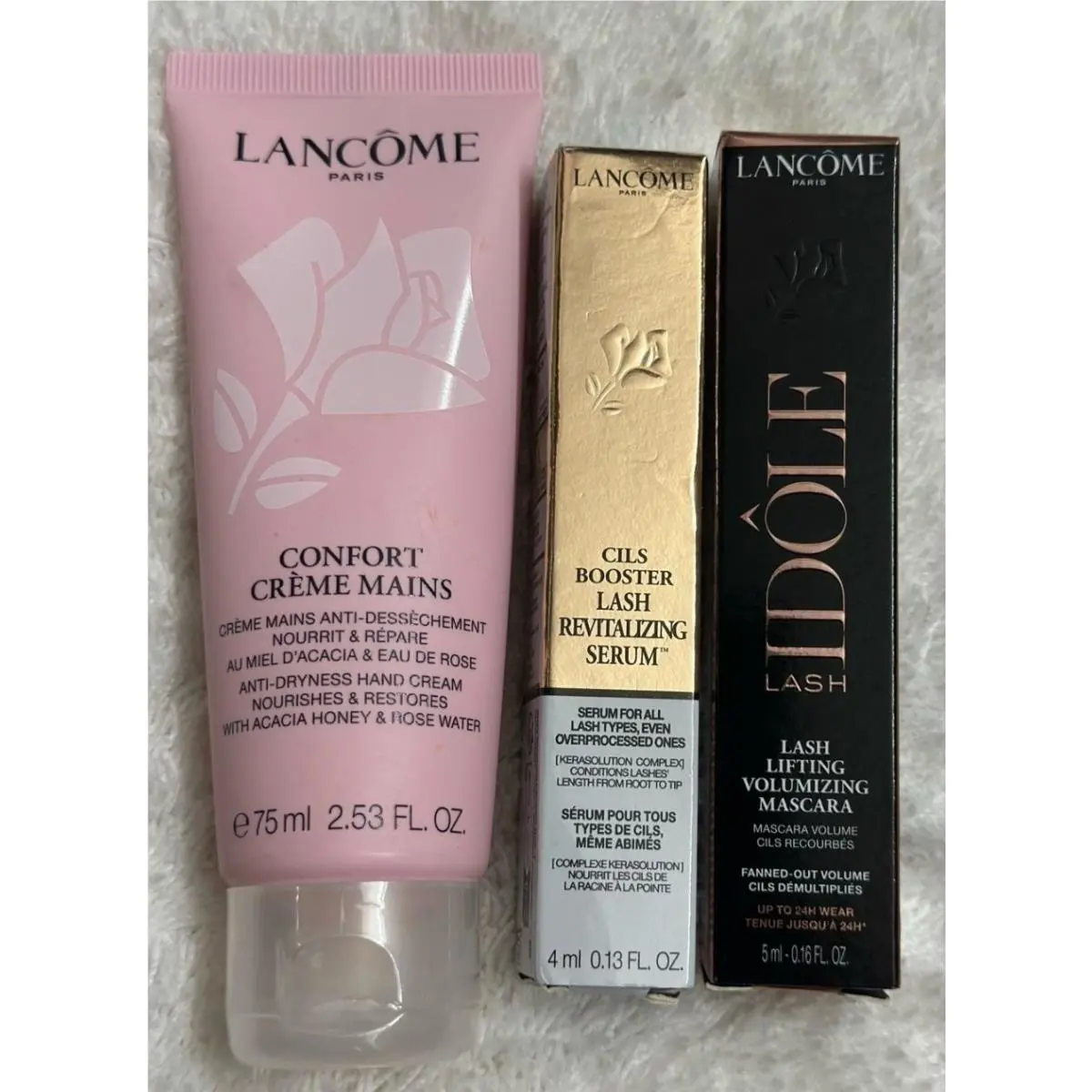 3pack Lancome Confort Hand Cream Full Sz 75ml 4ml Cils Booster 5ml Idole Mascara