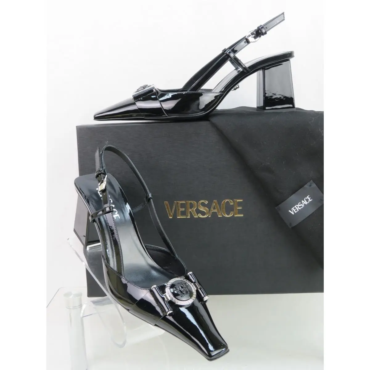 Versace Black Patent Leather Coin Medusa Logo Sandals Heel Pumps 38 8 Italy
