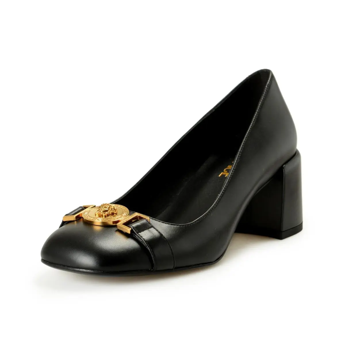 Versace Women`s Gold Medusa Black Leather Heeled Pump Shoes US 7 IT 37