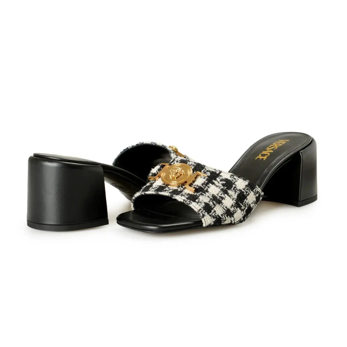 Versace Women`s Check Gold Medusa Heeled Sandals Mules Shoes US 7 IT 37