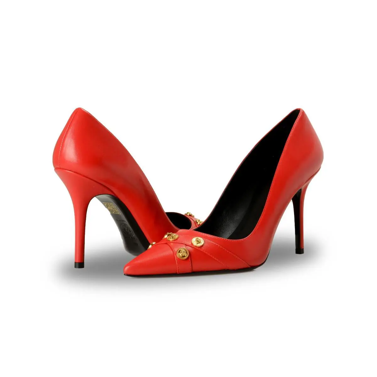 Versace Women`s Gold Medusa True Red Leather Stilettos Pumps Shoes US 7 IT 37