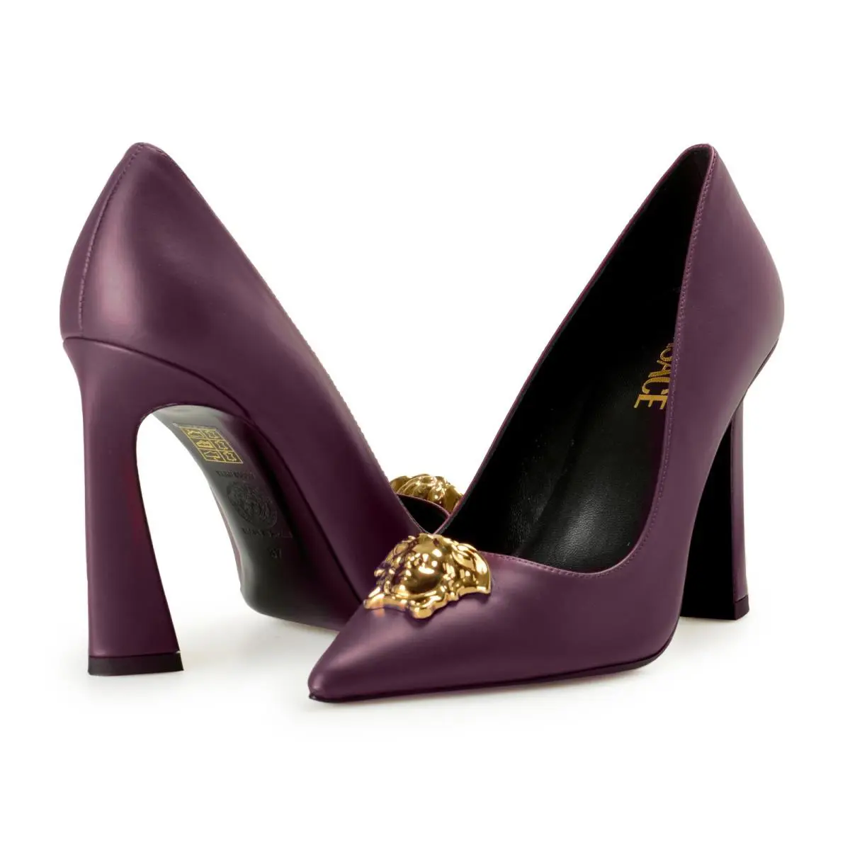 Versace Women`s Gold Medusa Deep Purple Leather Pump Shoes US 8 IT 38