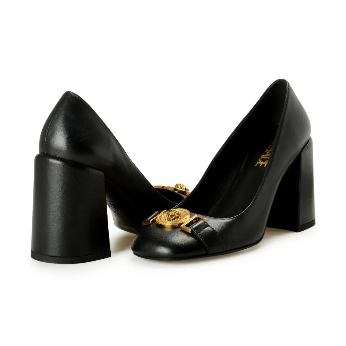 Versace Women`s Gold Medusa Black Leather High Heel Pump Shoes US 5 IT 35
