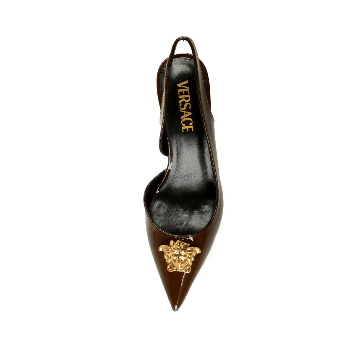 Versace Women`s Chocolate Patent Leather Gold Medusa Pump Shoes US 7 IT 37