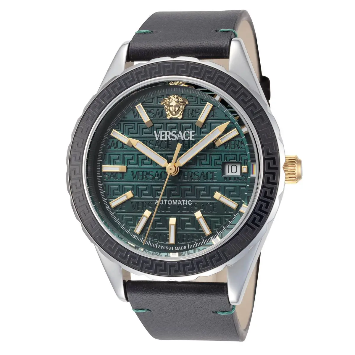 Versace Men`s Hellenyium 42mm Automatic Watch VEQCA0124 - Dial: Green, Band: Black, Other Dial: Green