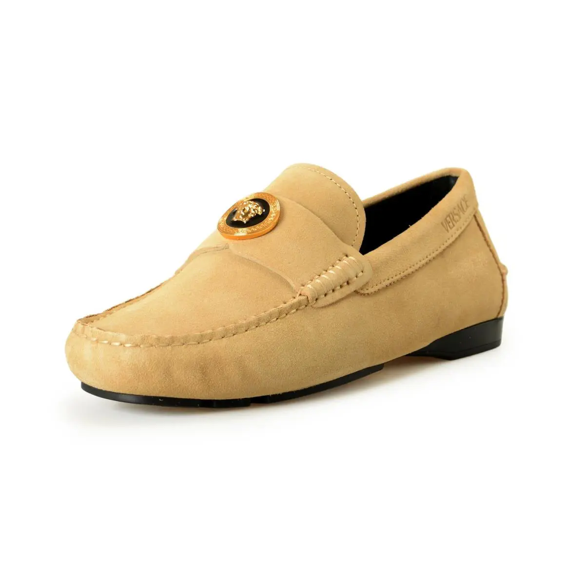 Versace Men`s Suede Leather Gold Medusa Driver Loafers Shoes US 7 IT 40 - Beige