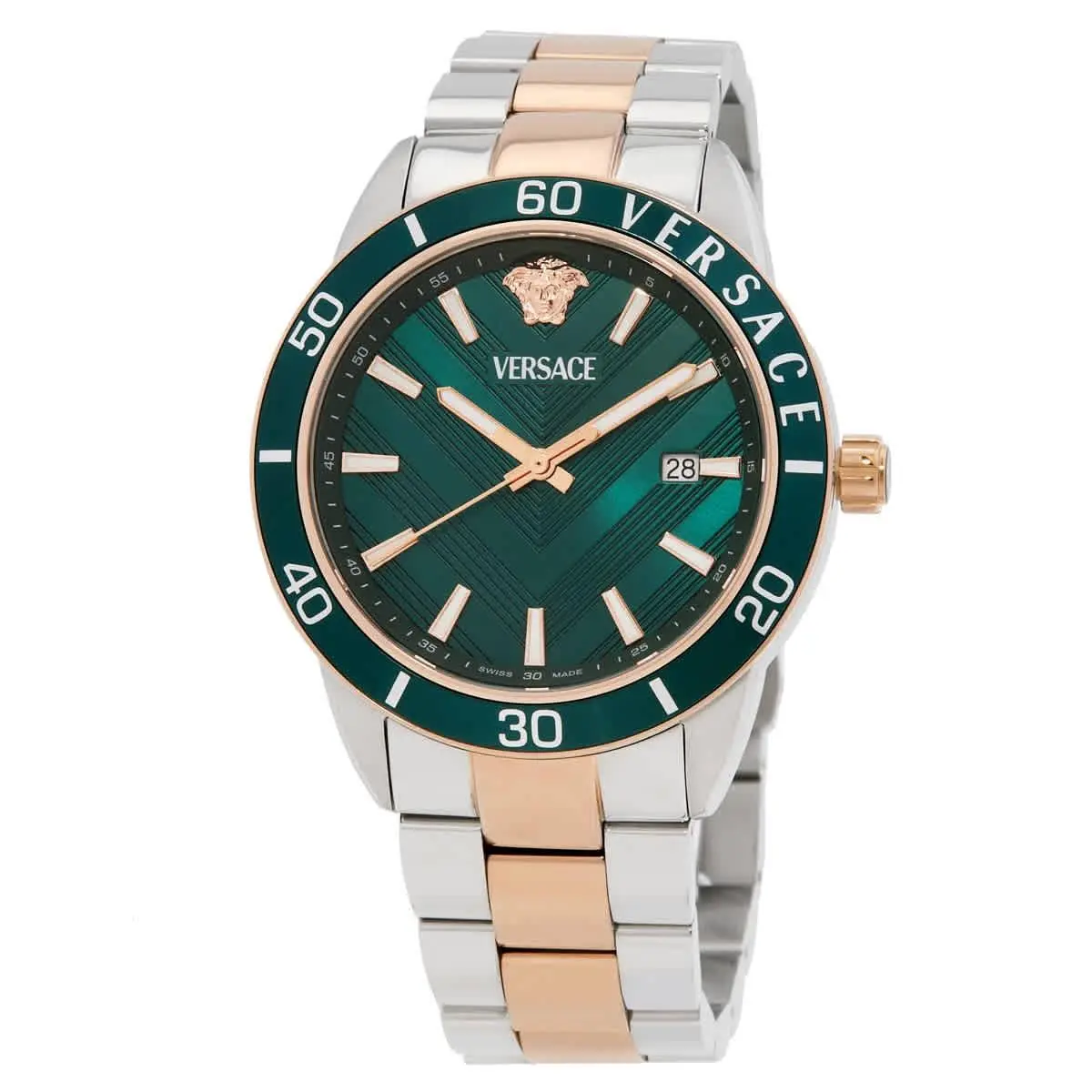 Versace Greca Urban Quartz Green Dial Men`s Watch VEYCA0624 - Dial: Green, Band: Two-tone (Silver-tone and Rose Gold-tone), Bezel: Silver-tone
