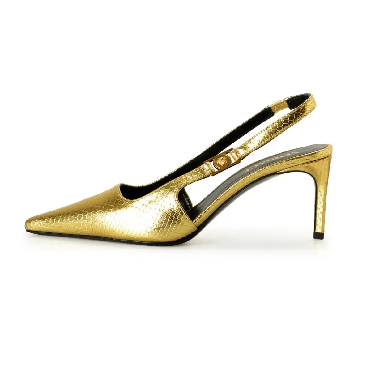 Versace Women`s Gold Snake Print Leather Heeled Slingback Pumps Shoes US 7 IT 37