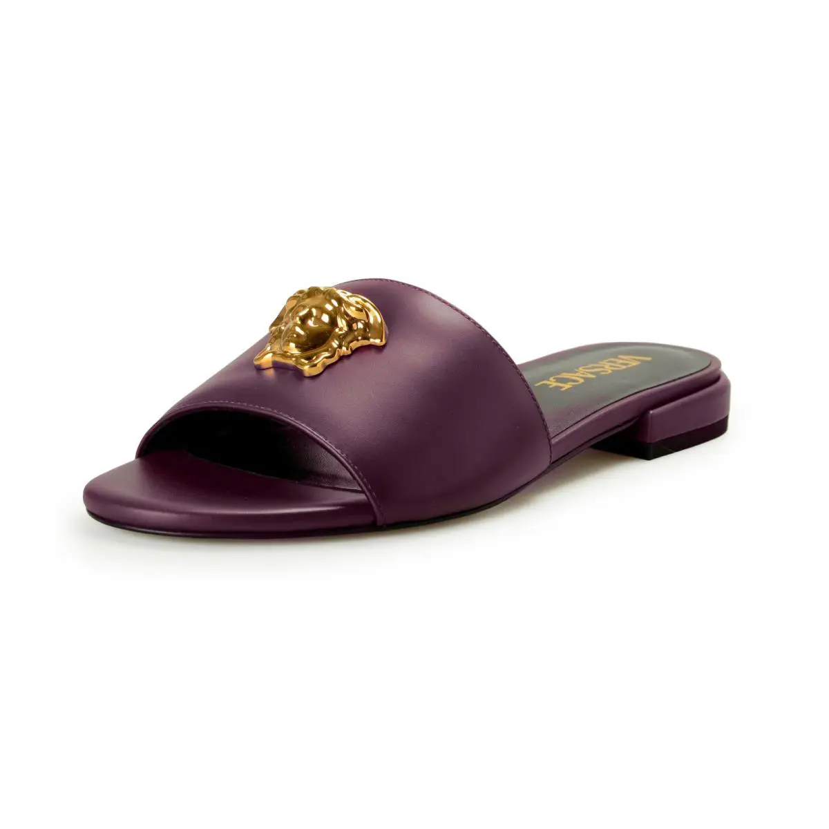 Versace Women`s Plum Purple Gold Medusa Heeled Sandals Mules Shoes US 9 IT 39