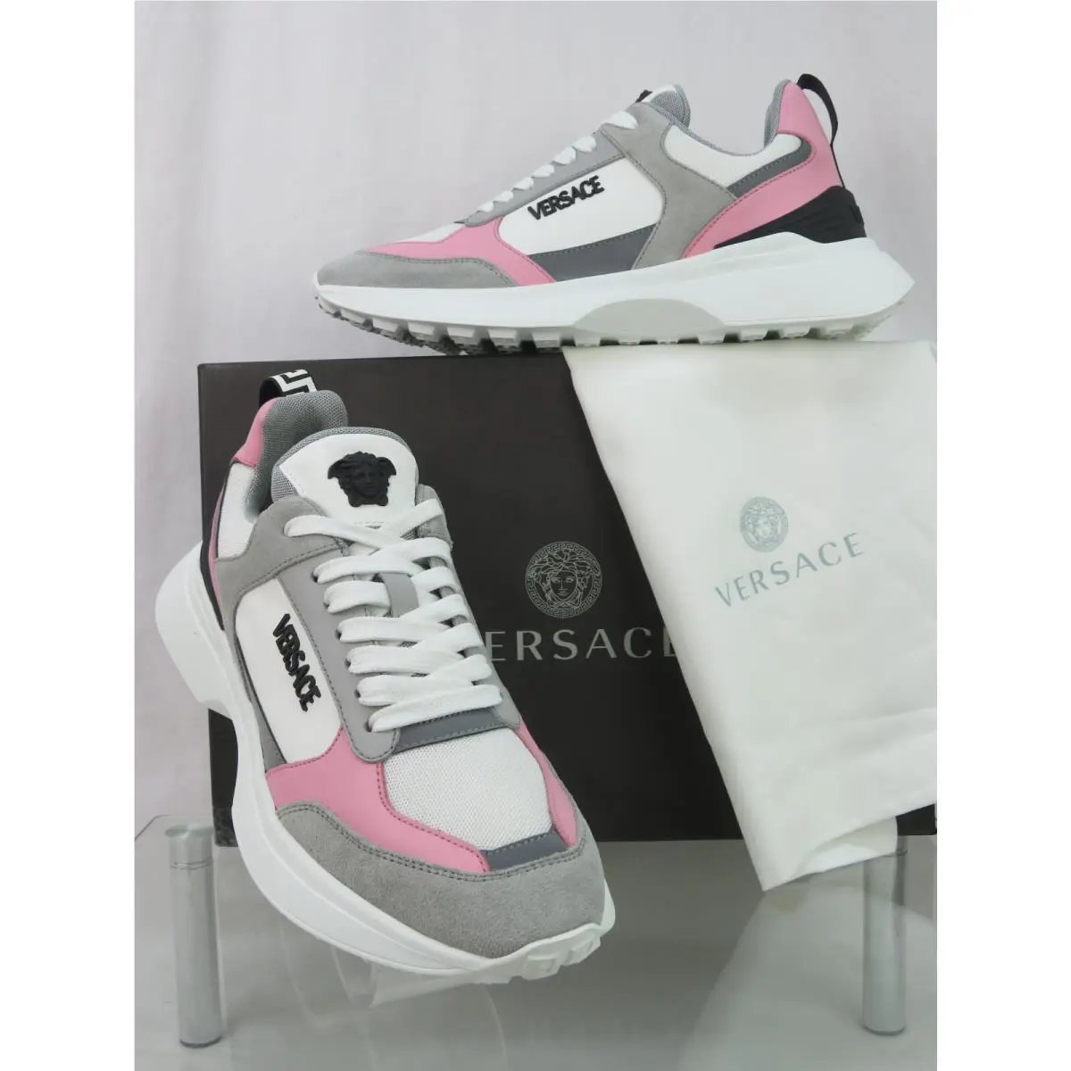 Versace Splendor Pink White Leather Medusa Head Low Top Platform Sneakers 38 8