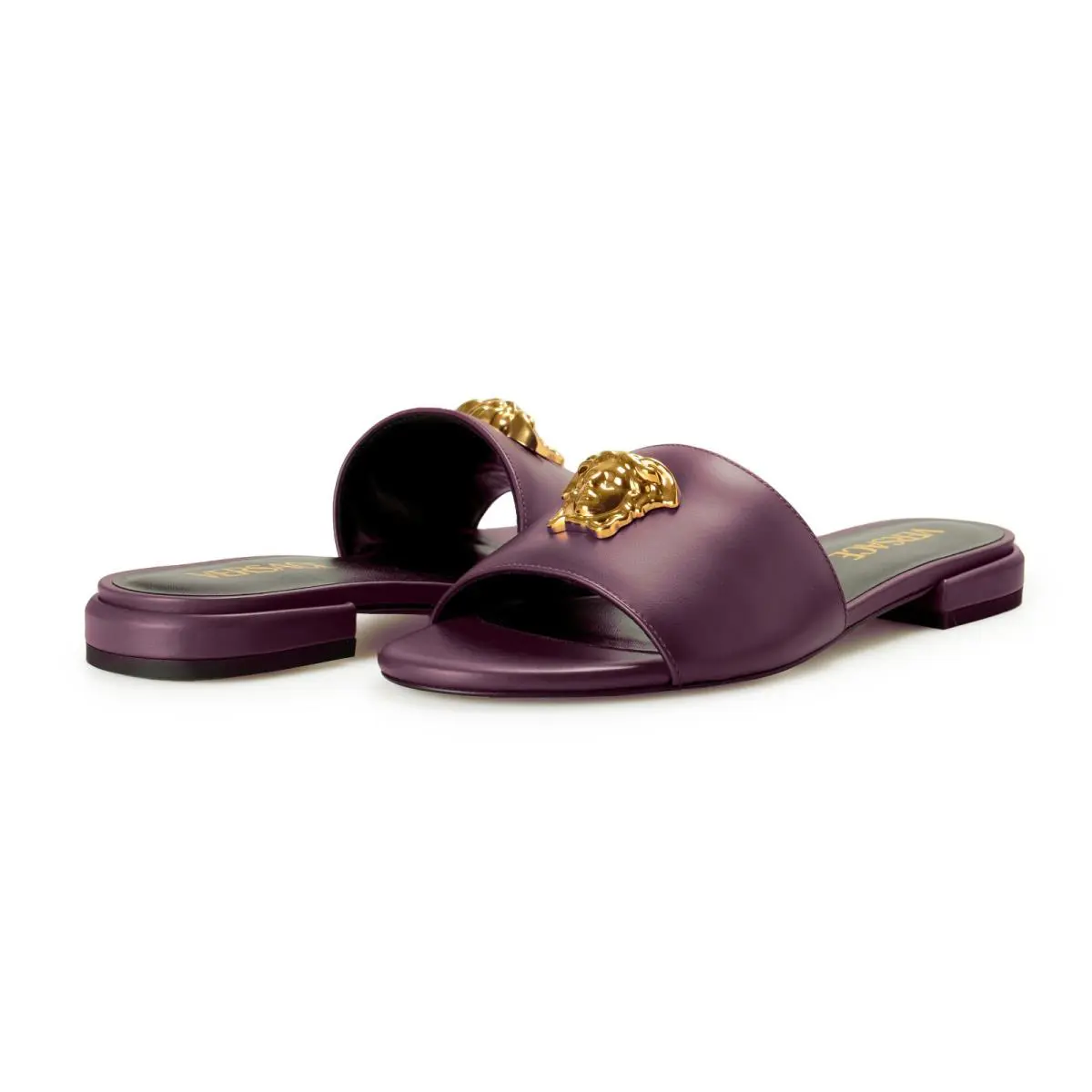 Versace Women`s Plum Purple Gold Medusa Heeled Sandals Mules Shoes US 7 IT 37