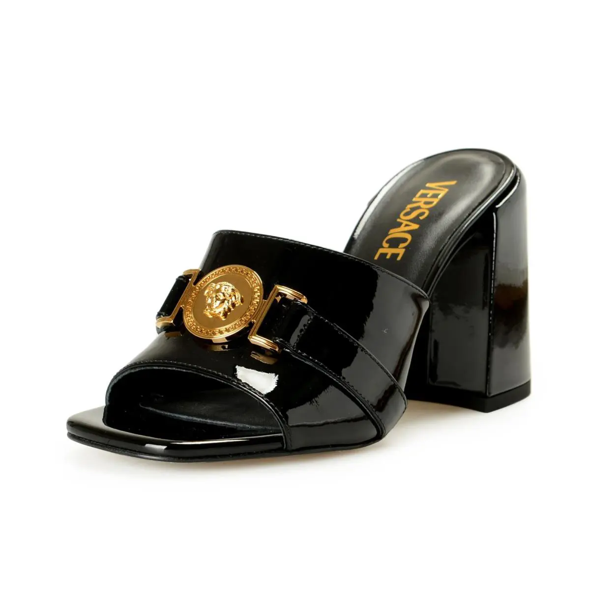 Versace Women`s Black Patent Leather Gold Medusa Mules Sandals Shoes US 6 IT 36