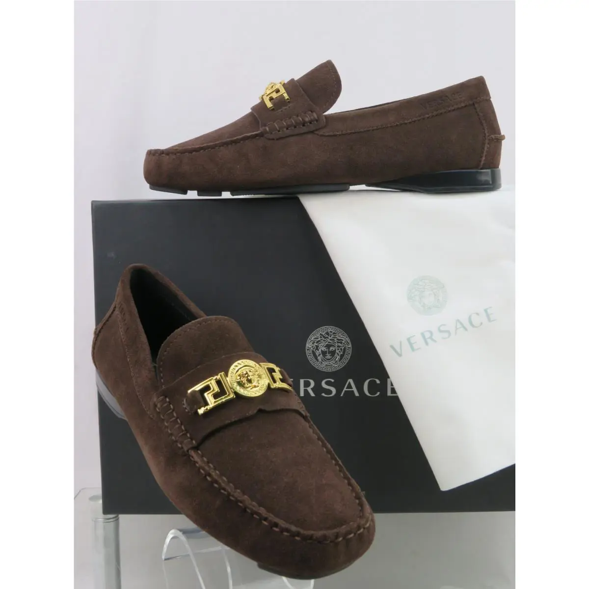 Versace Brown Suede Gold Medusa Head Logo Loafers 44 11