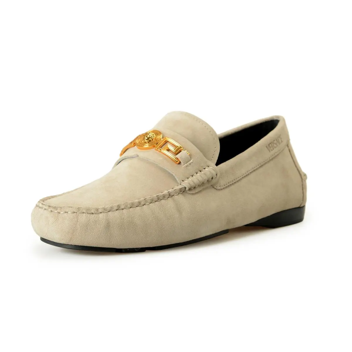 Versace Men`s Suede Leather Gold Medusa Driver Loafers Shoes US 12 IT 45 - Gray
