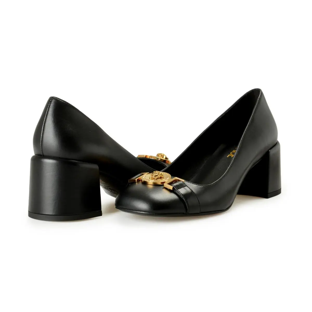 Versace Women`s Gold Medusa Black Leather Heeled Pump Shoes US 6 IT 36