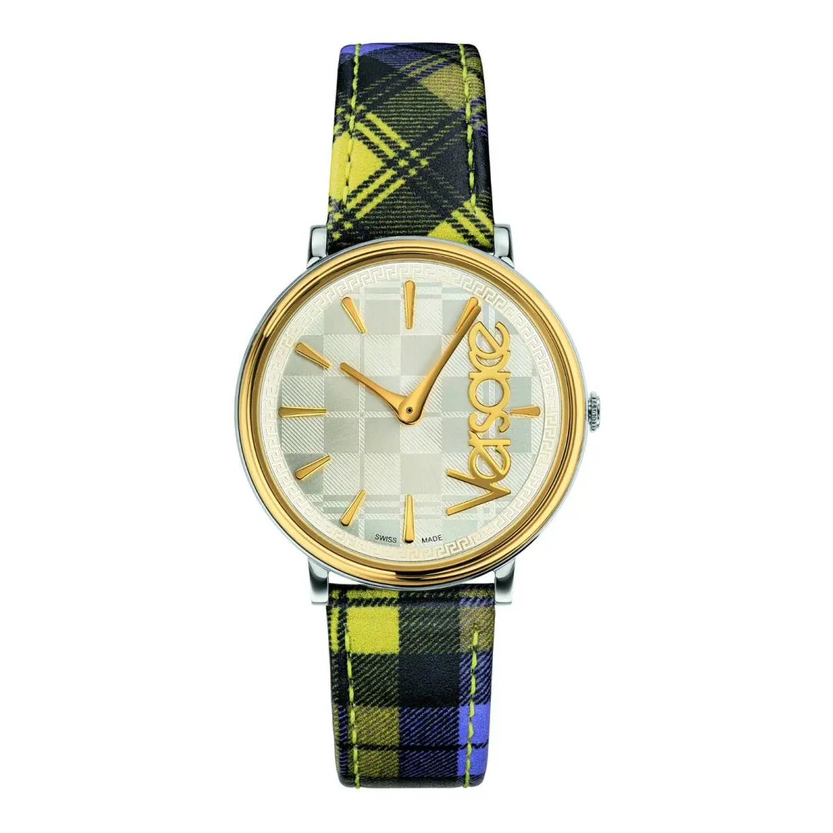 Versace Women`s V-circle Yellow Plaid Clans Edition Swiss Watch VE8100118