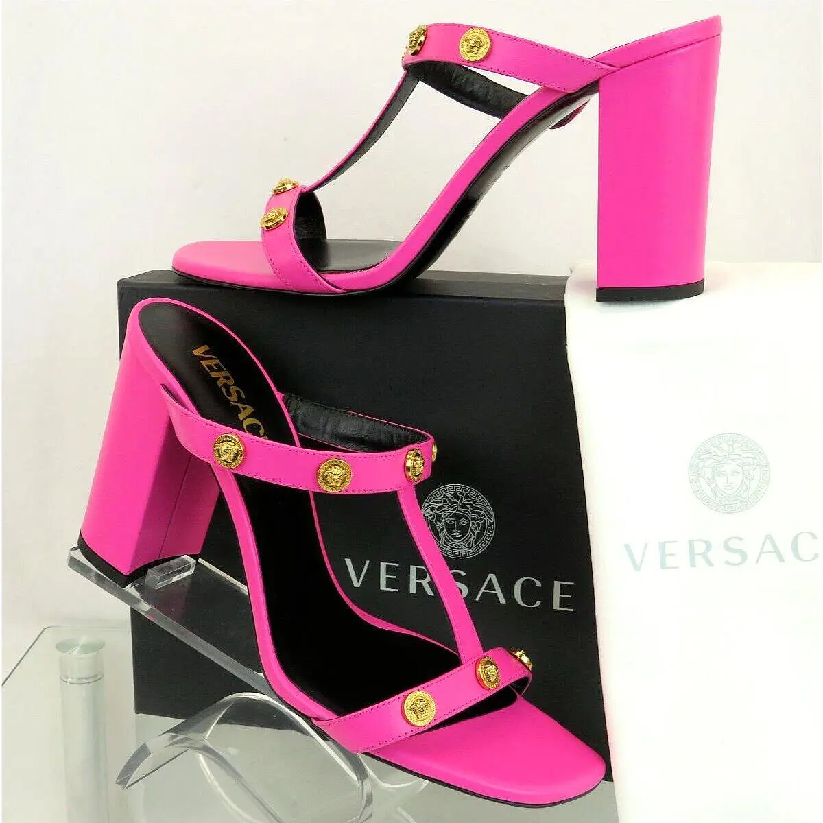 Fuchsia Pink Leather Gold Medusa Logo Studs Sandals Mule Pumps 40 by Versace
