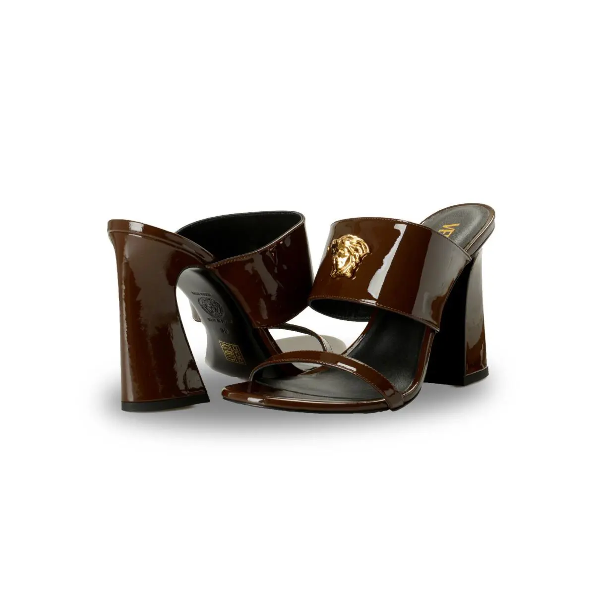Versace Women`s Chocolate Leather Gold Medusa Mules Sandals Shoes US 11 IT 41