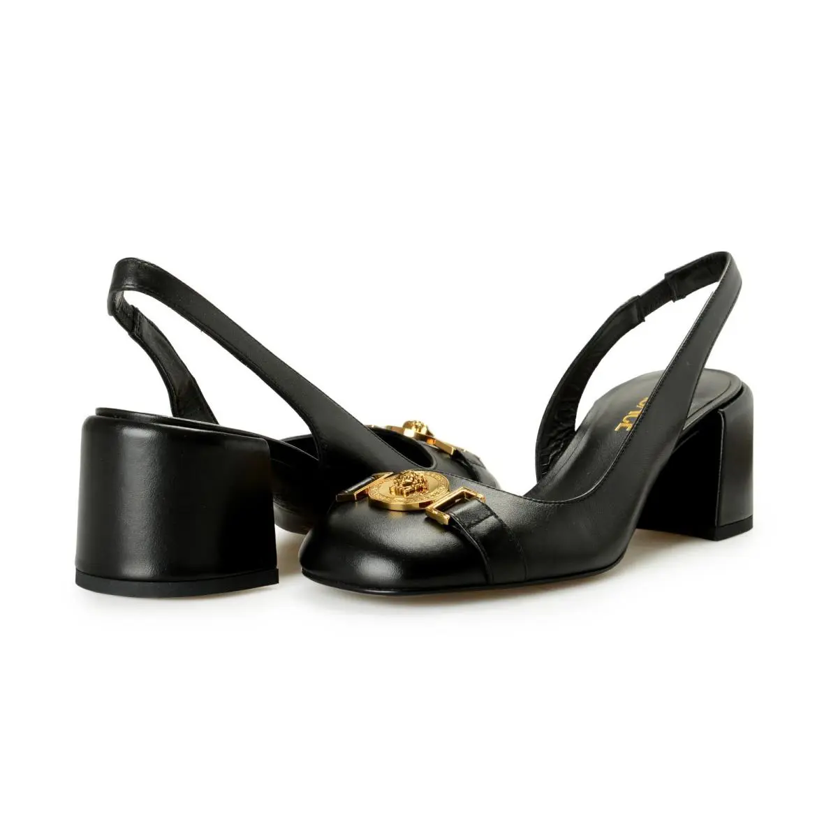 Versace Women`s Leather Gold Medusa Heeled Slingback Pumps Shoes US 8 IT 38