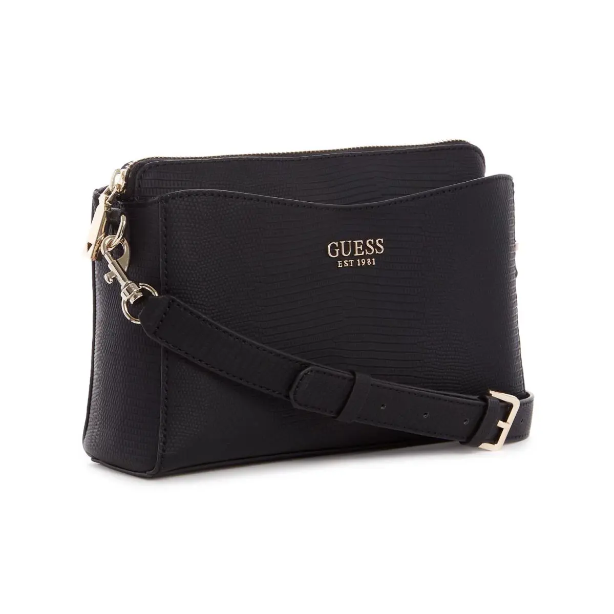 Guess Lyndi Triple Compartment Girlfriend Crossbody Black Gold - Handle/Strap: Black, Hardware: Gold, Exterior: Black