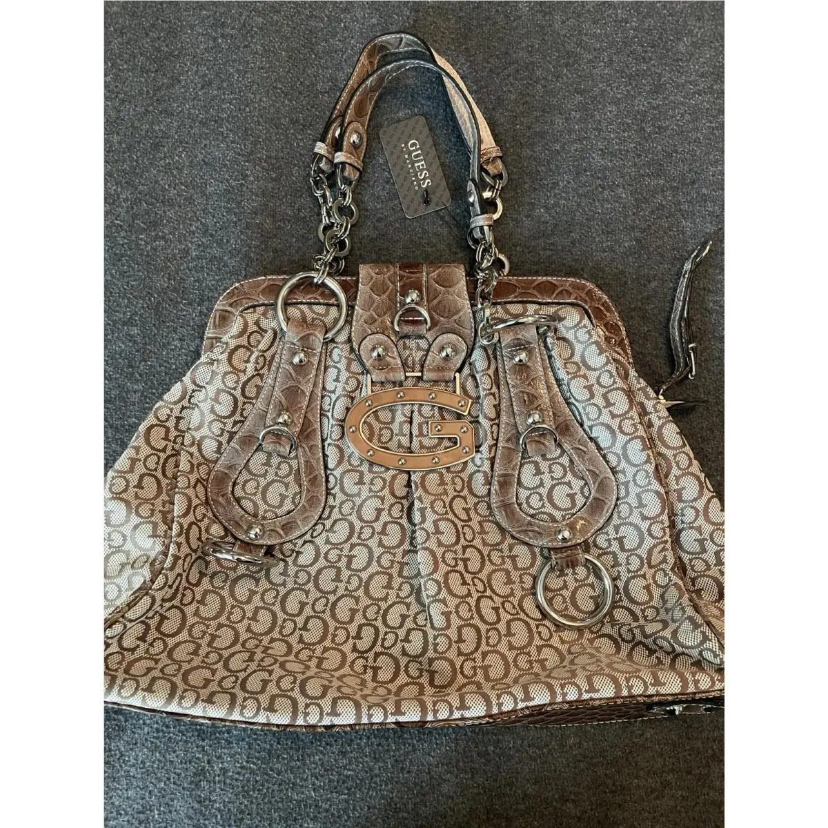 Y2K Guess Brown Monogram Log Canvas Buckle Chain Two Handle Bag