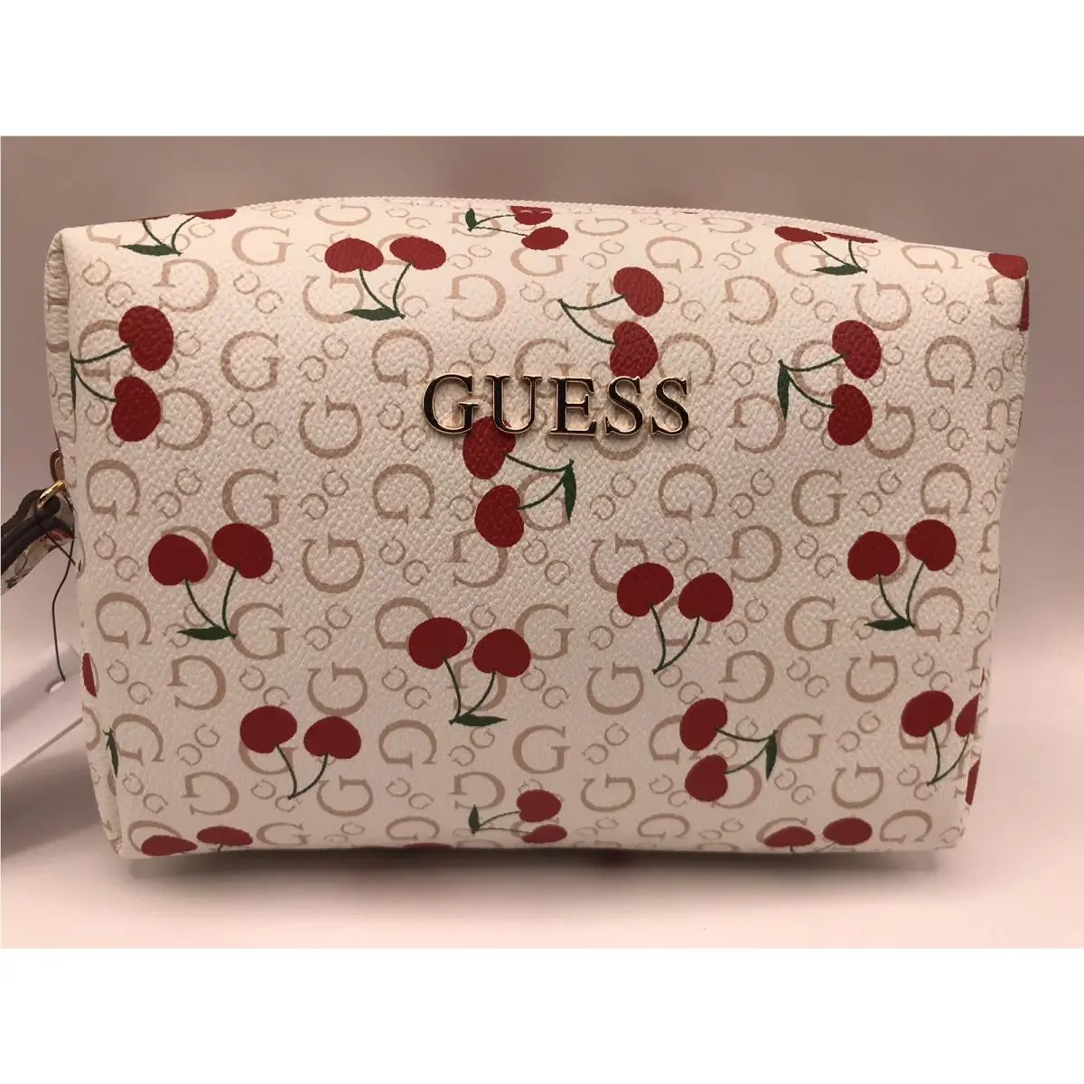 Women`s Guess White/multi/cherries Tana Travel/cosmetic Zip Closure Bag