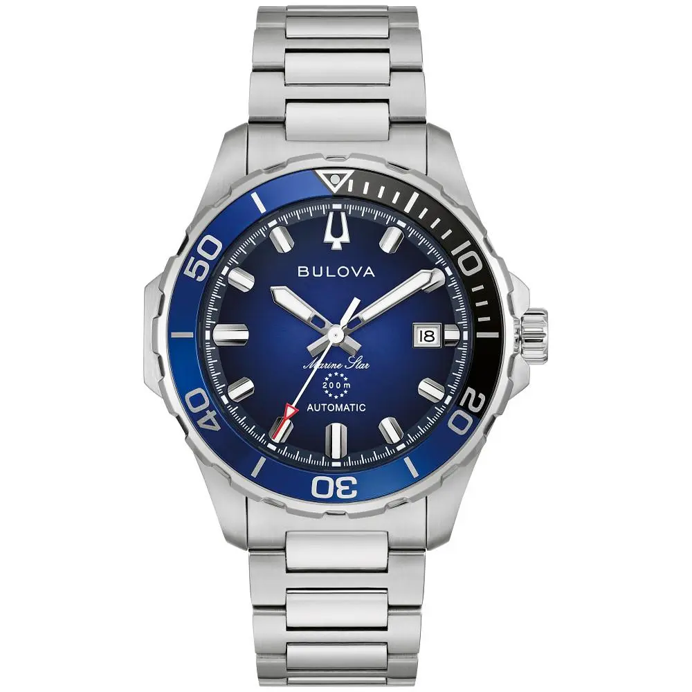Bulova Marine Star Automatic Blue Dial Mens Watch 98B466 - Dial: Black, Blue, Band: Silver, Bezel: Black, Blue