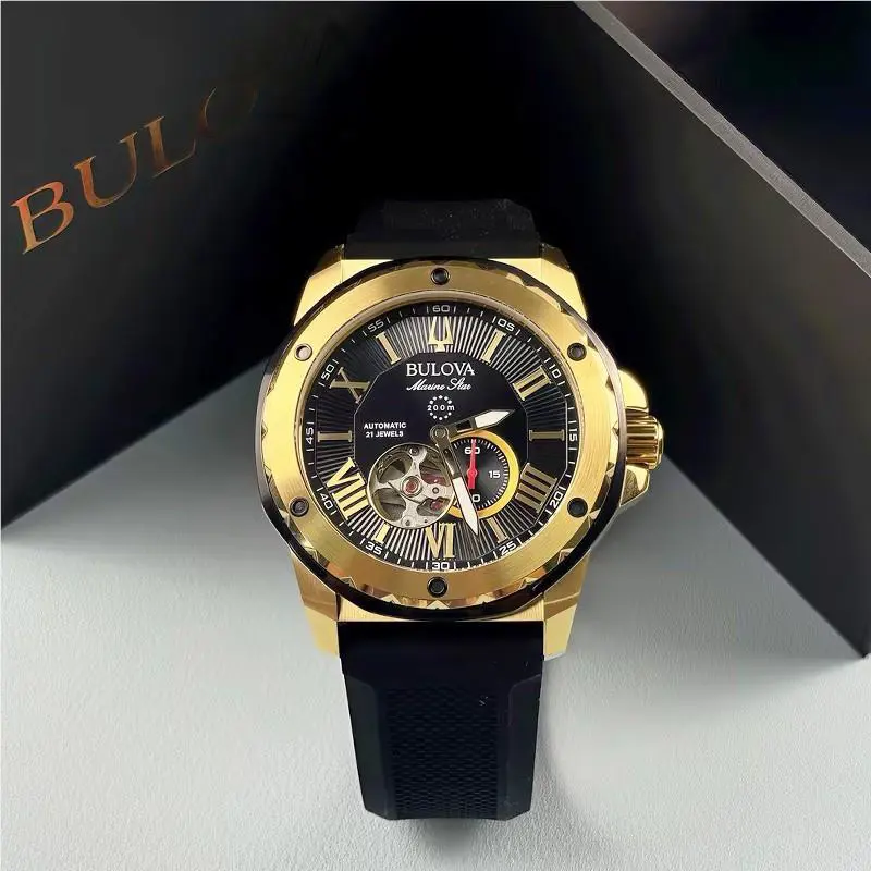 Bulova 98A272 Marine Star Automatic Men`s Watch Black Gold Dial Rubber Strap