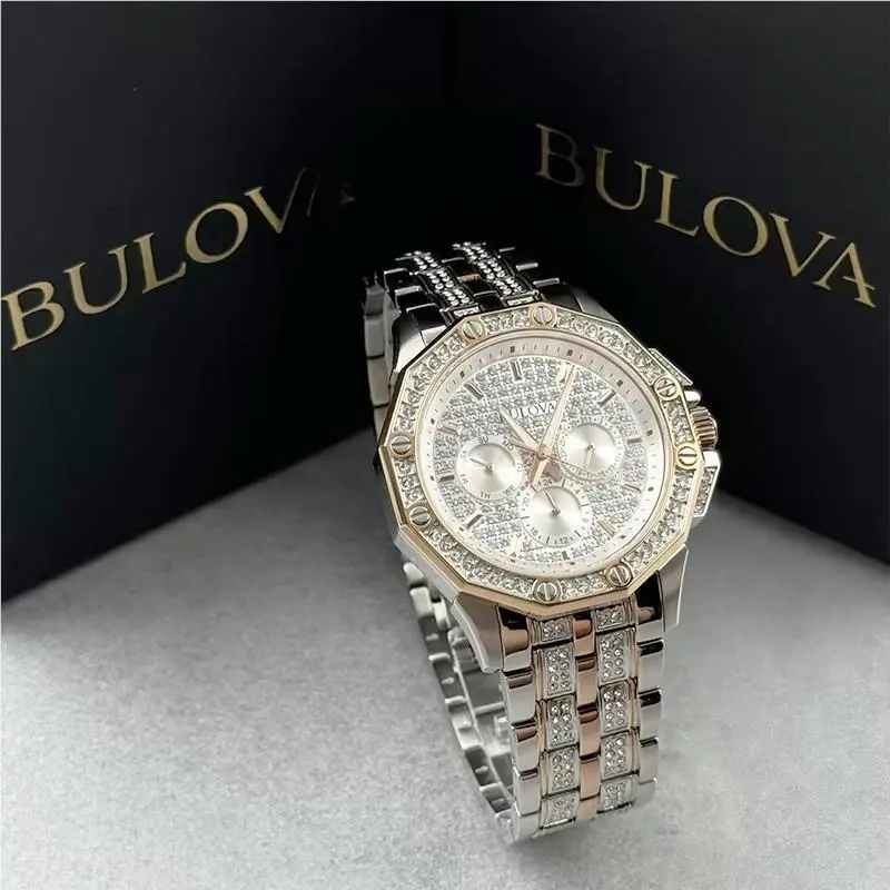 Octava 98C133 Crystal White Dial Gold Silver Two Tone Men`s Quartz Watch by Bulova