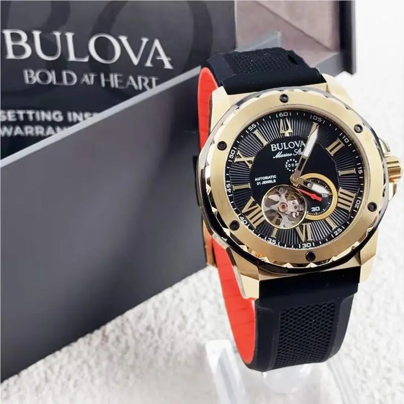 Bulova Marine Star A 98A272 Black Gold Dial Rubber Strap Automatic Men`s Watch