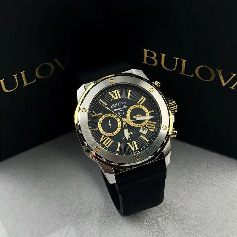 Bulova Marine Star 98B277 Men’s Quartz Watch Black Gold Dial Silicon Strap 44MM