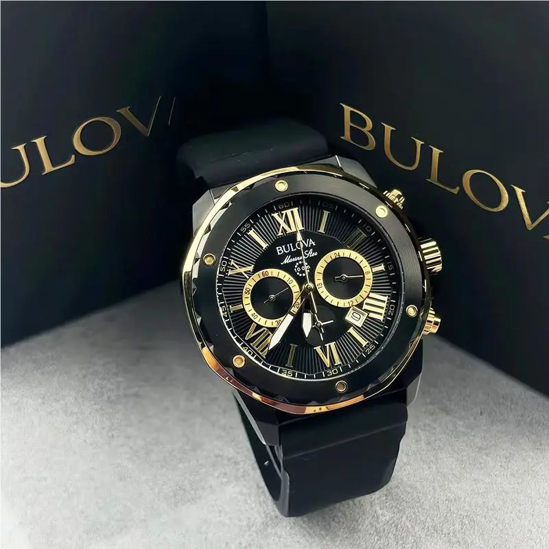Bulova Marine Star 98B278 Black Dial Black Rubber Strap Men`s Quartz Watch