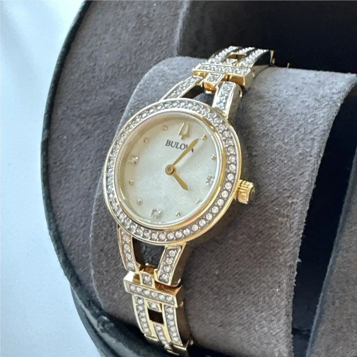 Bulova Crystal Womens Crystal Accent Gold Tone Stainless Bracelet Watch 98L325