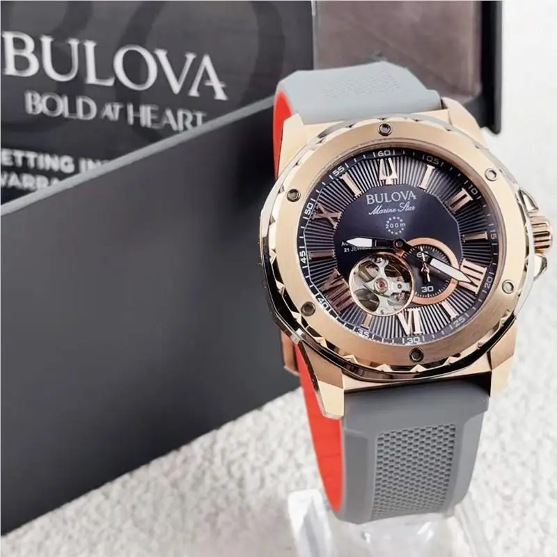 Marine Star 98A228 Automatic Men’s Watch Rose Gold Dial Rubber Strap 45mm by Bulova