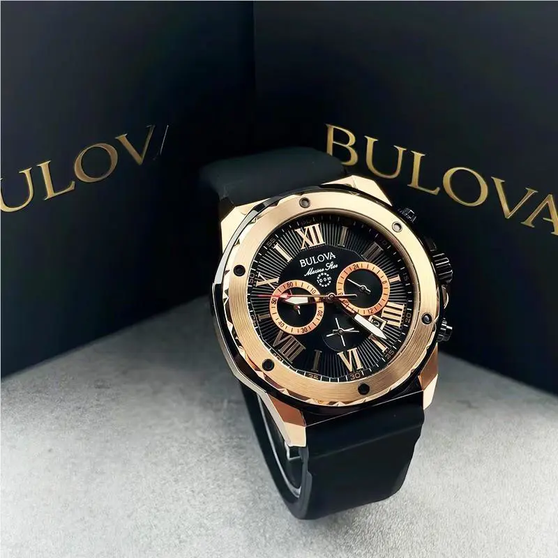 Bulova Marine Star 98B104 Black Dial Black Rubber Strap Quartz Men`s Watch 44mm