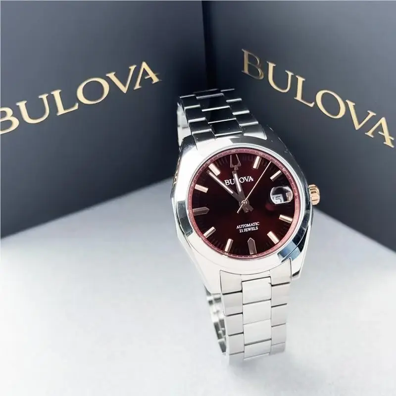 Surveyor 98B422 Automatic Men`s Watch Red Dial Stainless Steel 39MM by Bulova