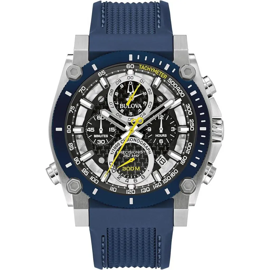 Bulova Man`s Precisionist Chronograph Blue Band Carbon Dial Watch 98B413